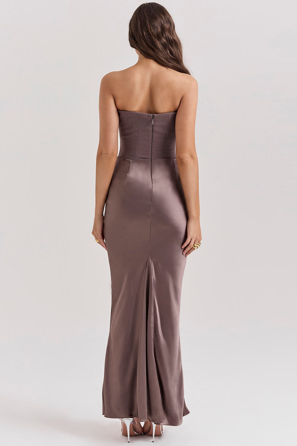 Back view of grey corset mini dress showing lace up back detail and sculpted fitted silhouette