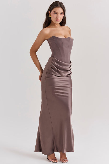 House of CB Persephone Corset Dress in grey featuring angled front view of structured corset bodice, sweetheart neckline and fitted mini silhouette