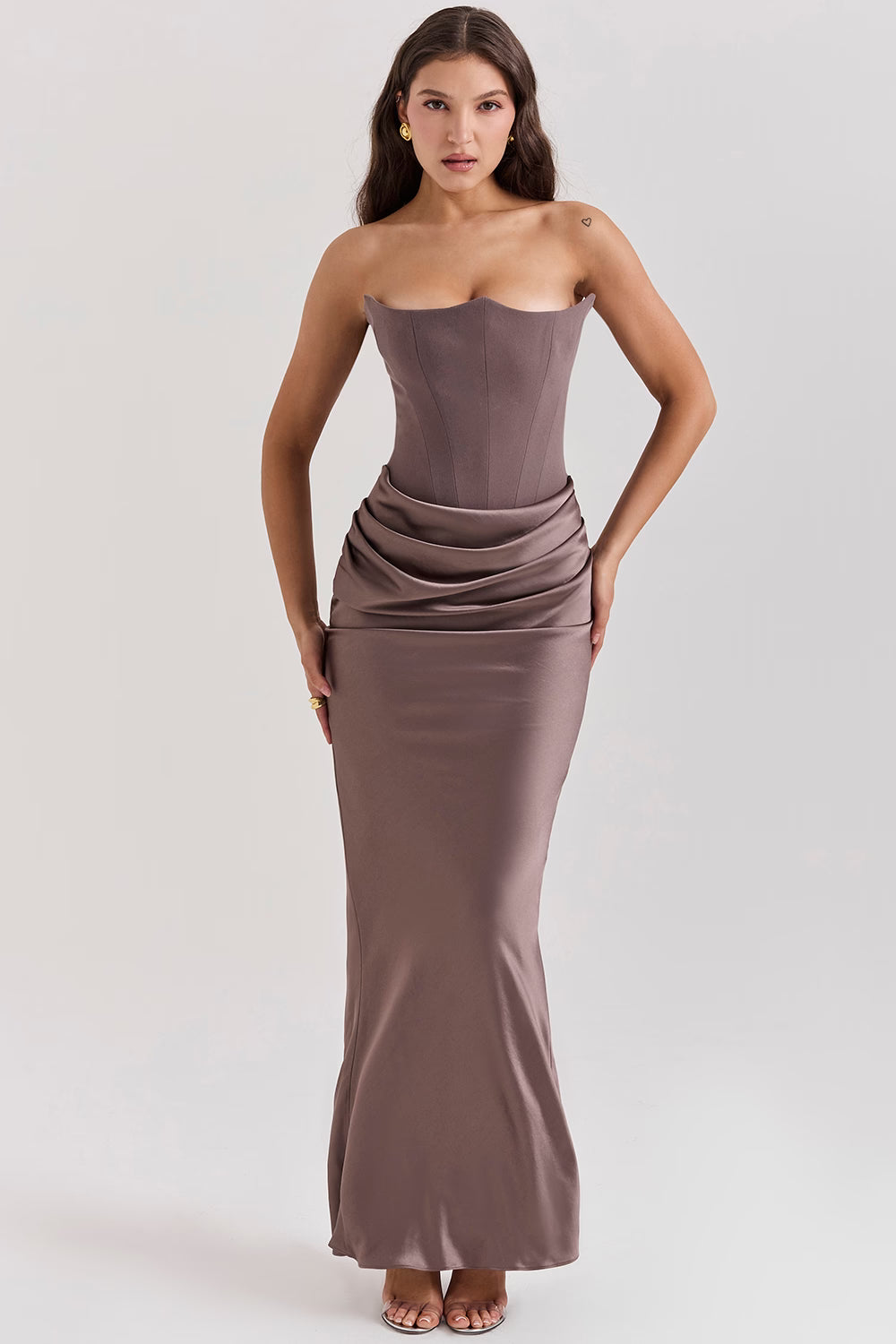 House of CB Persephone Corset Dress in grey featuring structured corset bodice, sweetheart neckline and fitted mini silhouette with soft stretch fabric