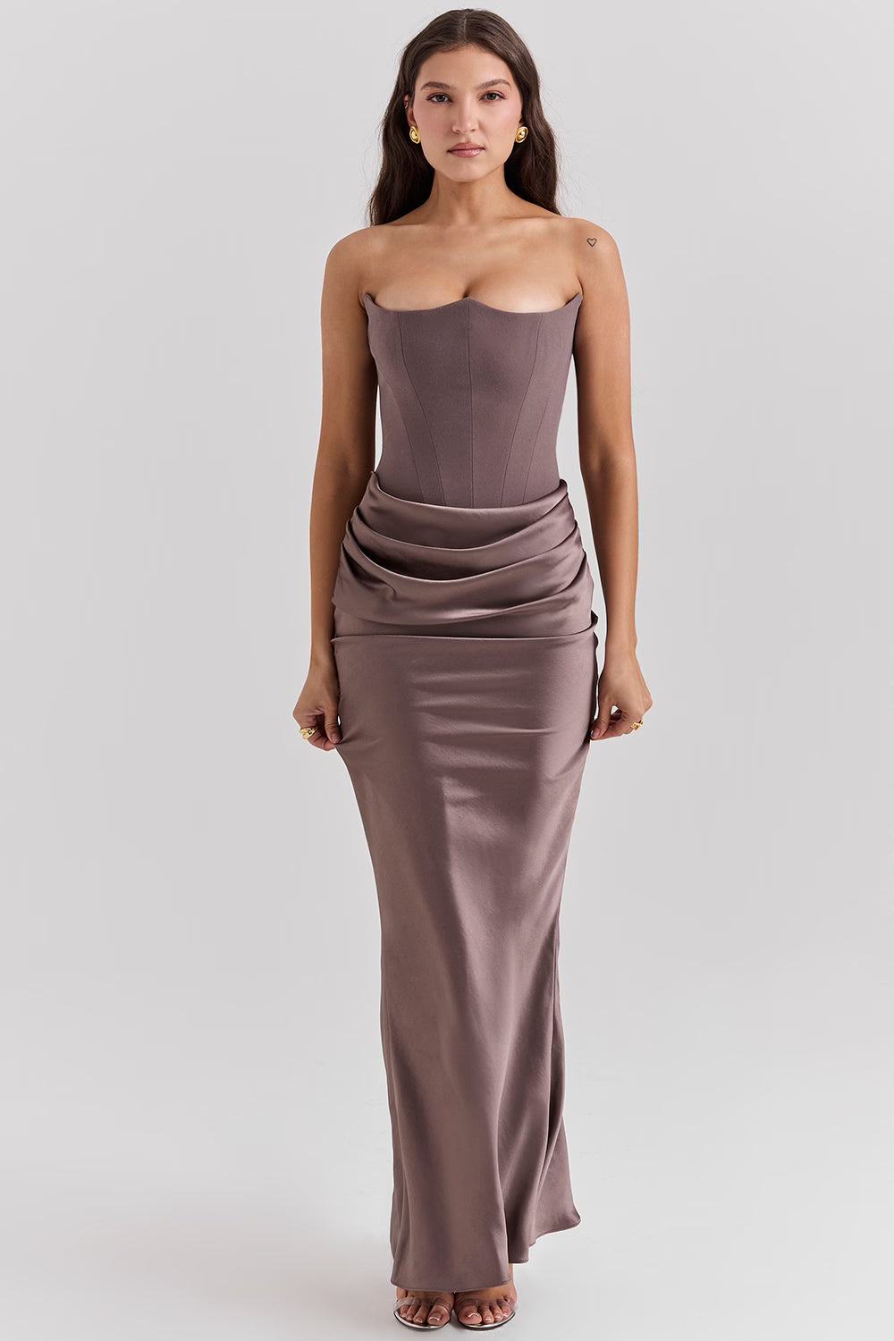 House of CB Persephone Corset Dress in grey featuring structured sweetheart corset bodice and elegant fitted mini silhouette