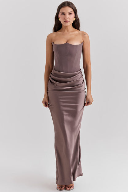 House of CB Persephone Corset Dress in grey featuring structured sweetheart corset bodice and elegant fitted mini silhouette