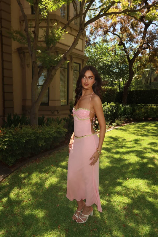Three-quarter front view of the I Am Delilah Jemima Set in baby pink showcasing the coordinated two-piece design