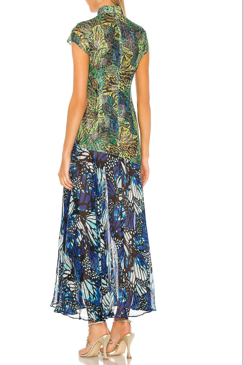 Kim Shui Lace Qi Pao Deep V Neck Dress in Blue Butterfly print, alternate back view, designer statement dress hire Adelaide Australia