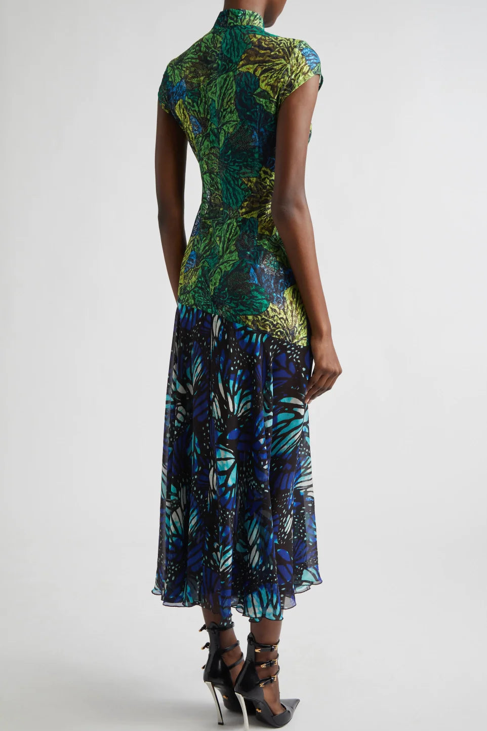 Kim Shui Lace Qi Pao Deep V Neck Dress in Blue Butterfly print, back view showing invisible zip, dress hire Adelaide Australia