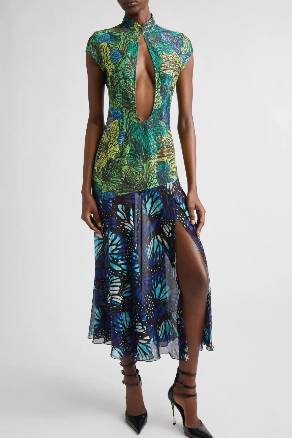 Kim Shui Lace Qi Pao Deep V Neck Dress in Blue Butterfly print, front view, designer statement dress hire Adelaide Australia