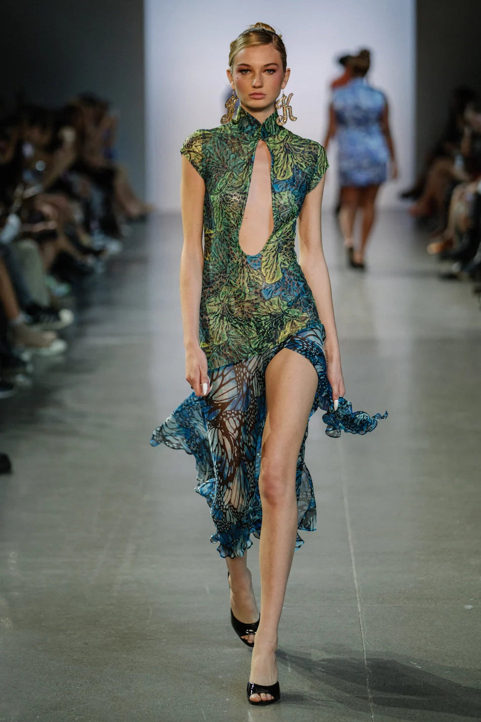 Kim Shui Lace Qi Pao Deep V Neck Dress in Blue Butterfly print, styled full-length view, designer dress rental Adelaide Australia
