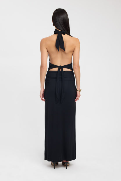 Back view of Kookai Leni Maxi Dress in black showing open back design and adjustable tie detail