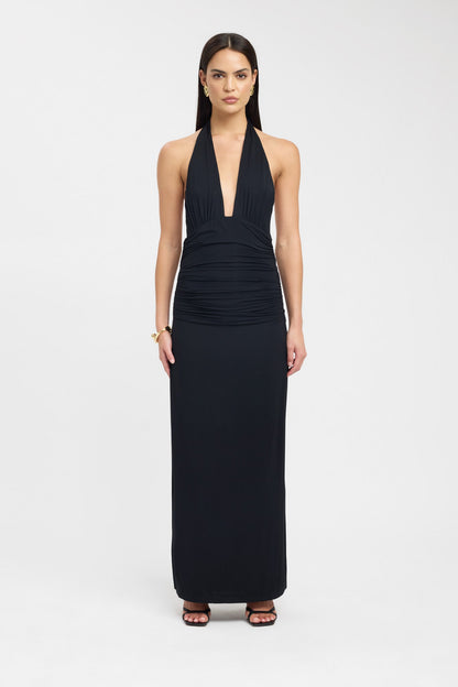 Kookai Leni Maxi Dress in black featuring halter neckline, fitted waist and elegant floor length silhouette