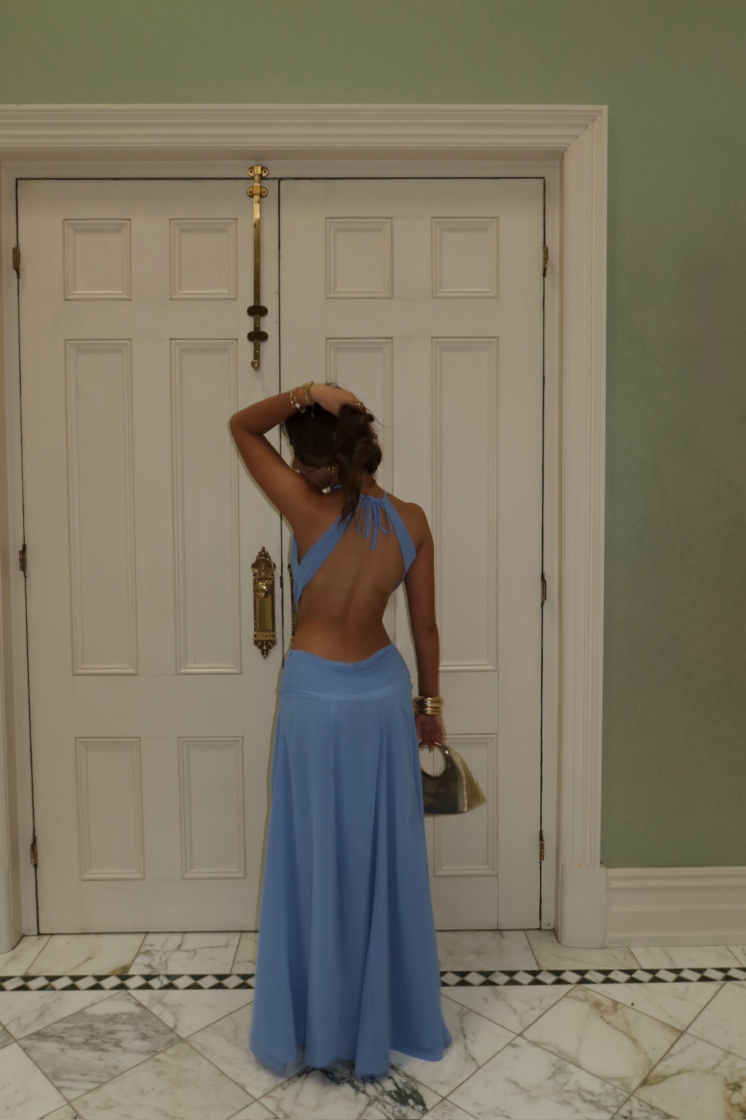 Koster Kulture Sola Maxi Set in cerulean blue showcasing the elegant back design and coordinated top and maxi skirt