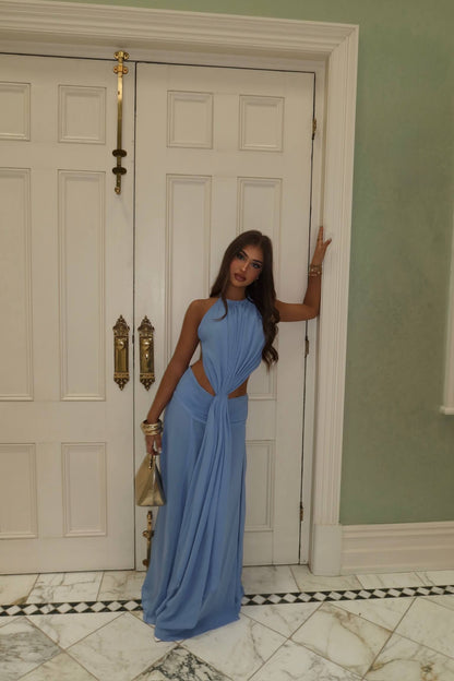 Koster Kulture Sola Maxi Set in cerulean blue featuring a coordinated top and maxi skirt with an elegant full-length silhouette