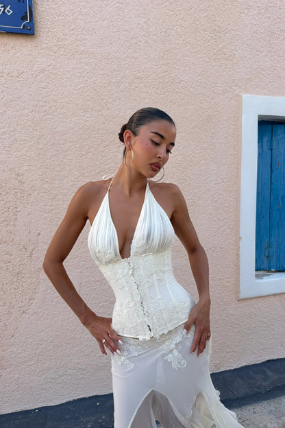 Mali Marea Rosabella Corset Top & Midi Skirt Set in Ivory, styled full-length view, designer two-piece hire Adelaide Australia