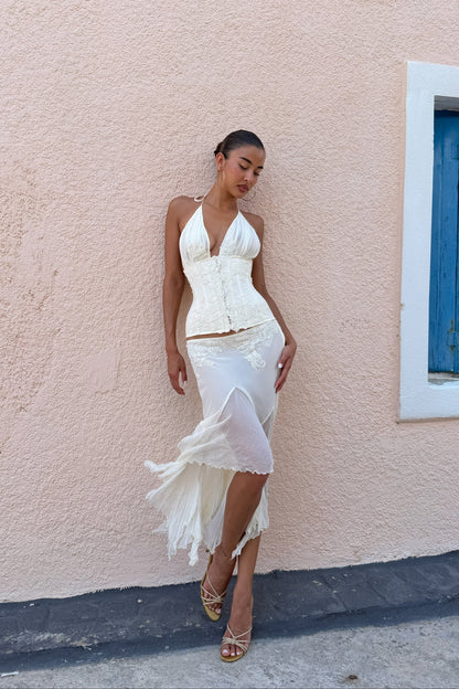 Mali Marea Rosabella Midi Skirt in Ivory, front view showing floral lace embellishments, skirt hire Adelaide