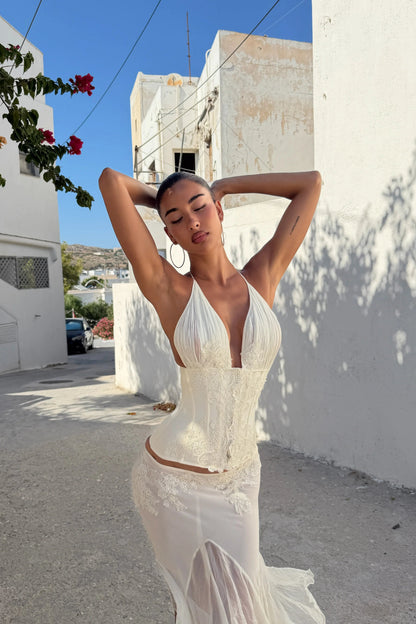 Mali Marea Rosabella Corset Top & Midi Skirt Set in Ivory, side view, romantic bridal set hire Adelaide Australia
