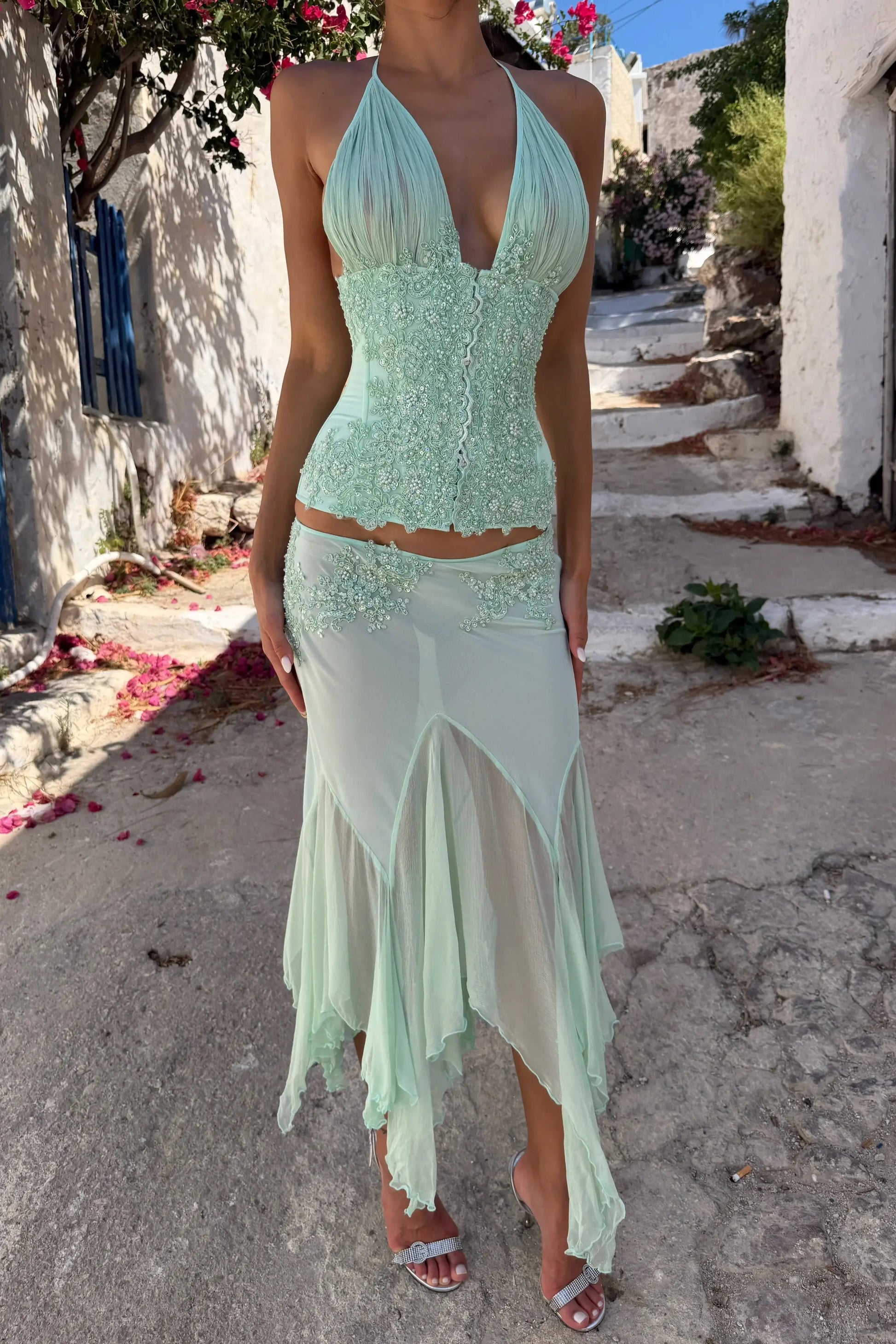 Close-up of the Mali Marea Rosabella Midi Skirt and Corset Set in mint showcasing the structured corset and elegant detailing