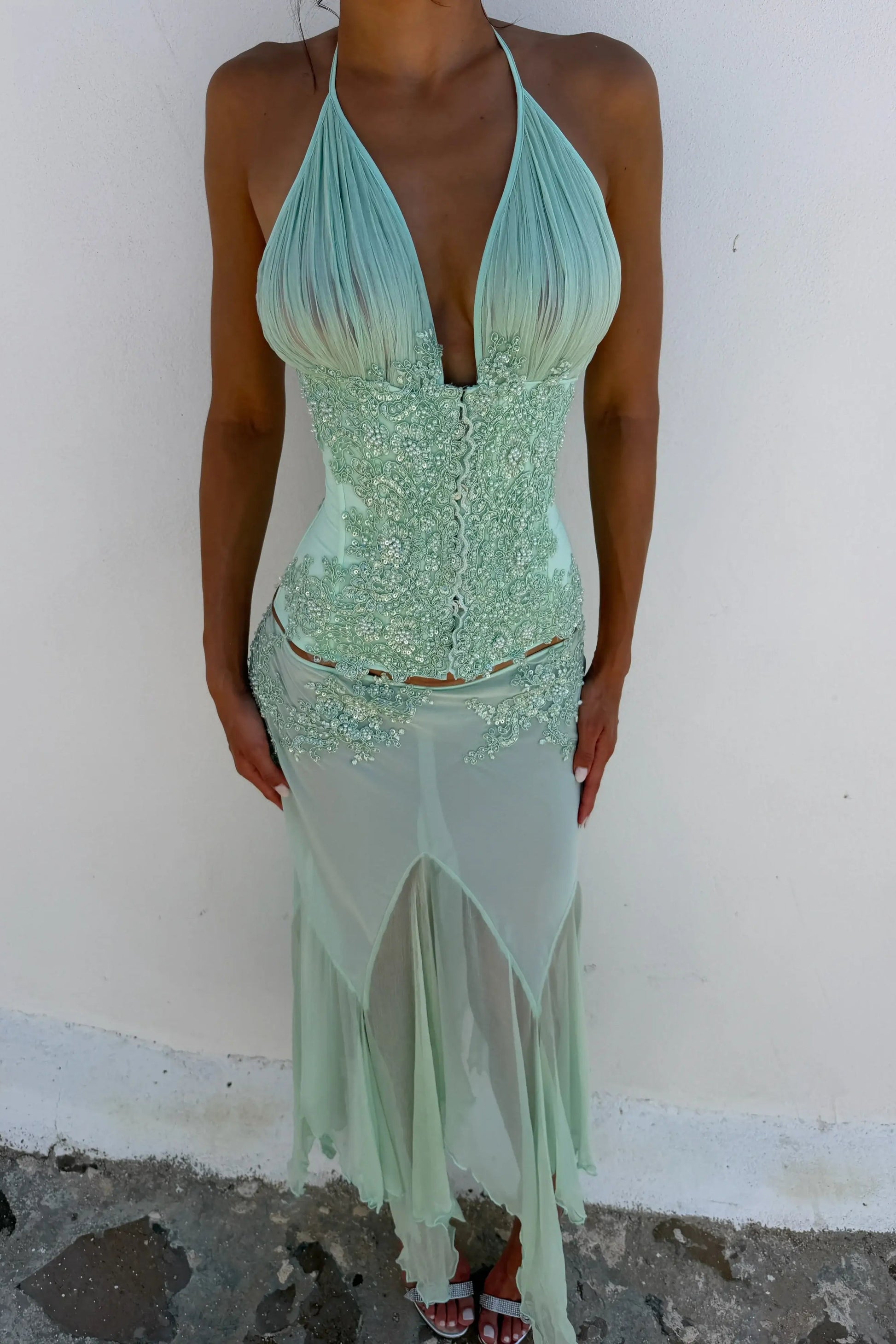 Three-quarter front view of the Mali Marea Rosabella Midi Skirt and Corset Set in mint showcasing the flattering two-piece design
