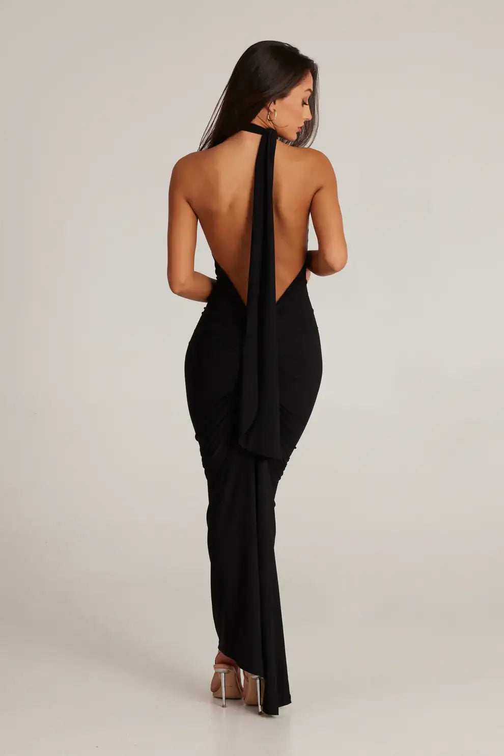 ack view of black Leoni dress featuring clean seamless finish and fitted stretch silhouette with minimal design