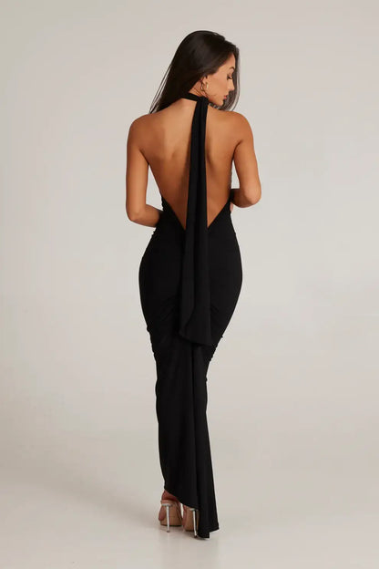 ack view of black Leoni dress featuring clean seamless finish and fitted stretch silhouette with minimal design
