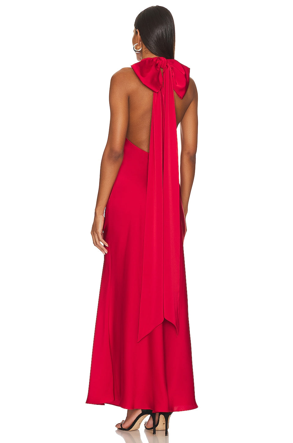 Back view of crimson red satin gown featuring concealed closure and sleek fitted column silhouette with clean finish