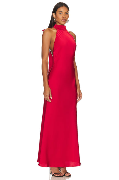 Misha x Revolve Evianna Gown in crimson red featuring high neckline, fitted column shape and elegant floor length satin silhouette for formal occasions