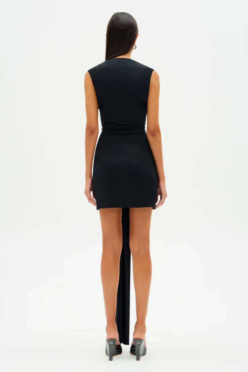 Close up of plunging halter neckline and fitted bodice on Misha Jennifer mini dress in black with soft draped cupro fabric