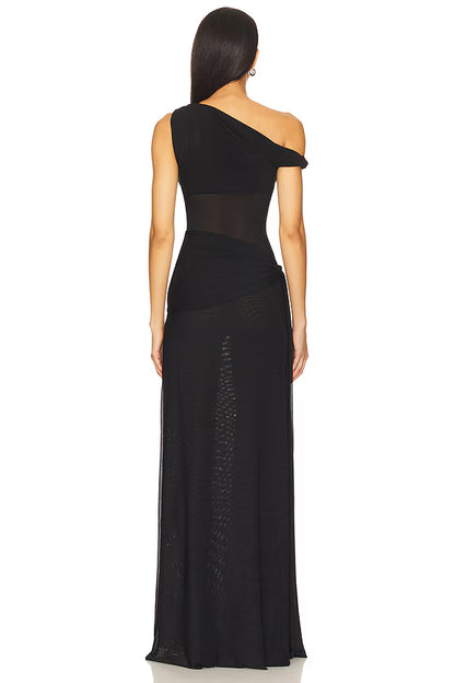Back view of Misha Sisal Mesh Maxi Dress in black showing fitted silhouette and smooth mesh fabric finish with elegant draping
