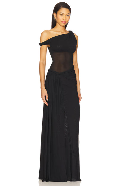 Black mesh maxi dress with twisted off shoulder design, sheer bodice panels and elegant draped waist detailing