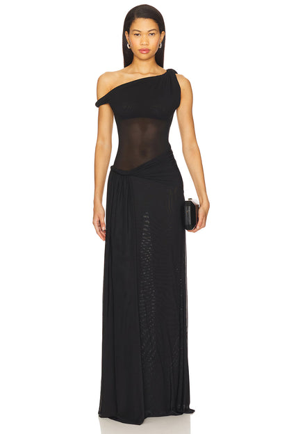 Misha Sisal Mesh Maxi Dress in black featuring asymmetrical neckline, draped mesh overlay and flowing floor length silhouette with side sash detail