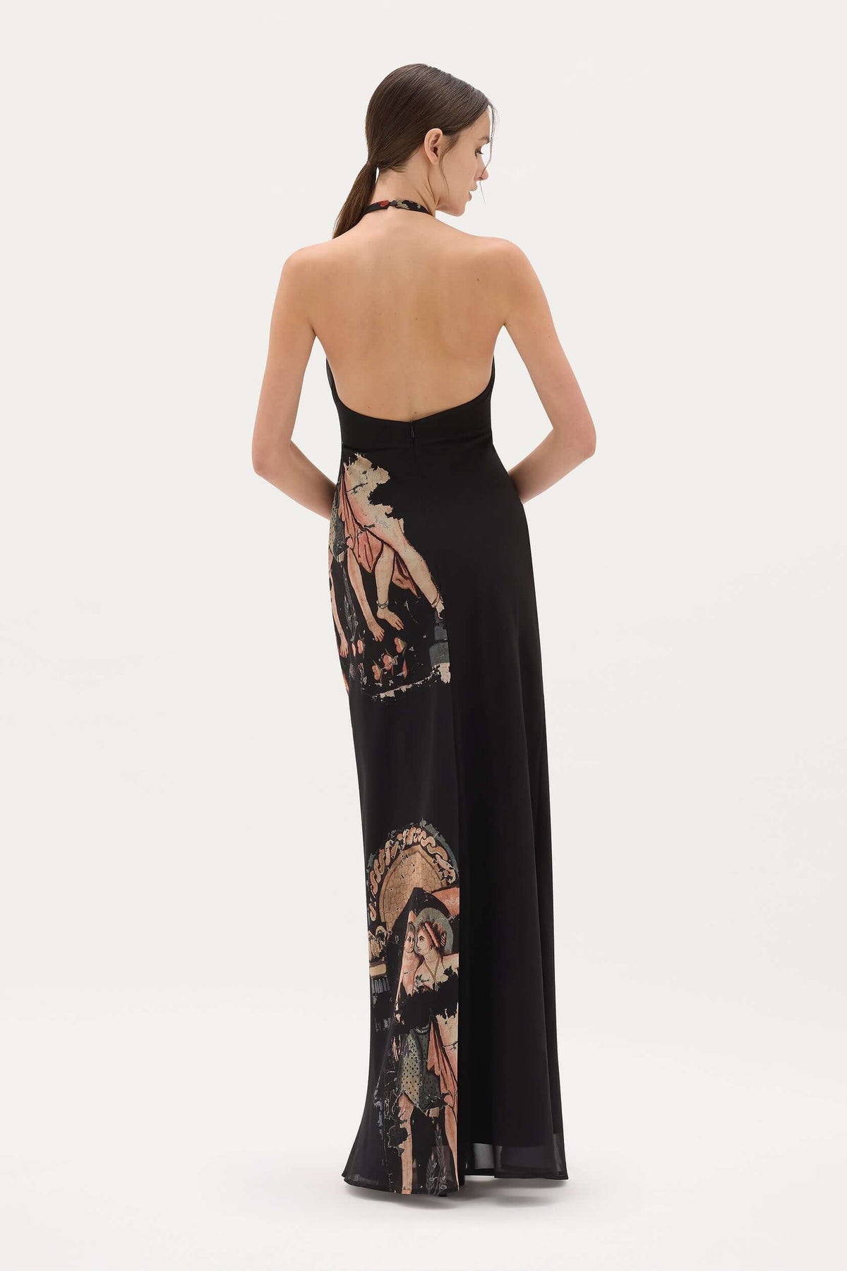 MUMA Bastet Aya Dress in Egyptian print, back view showing open low back, dress hire Adelaide Australia