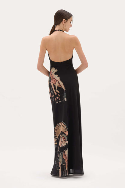 MUMA Bastet Aya Dress in Egyptian print, back view showing open low back, dress hire Adelaide Australia