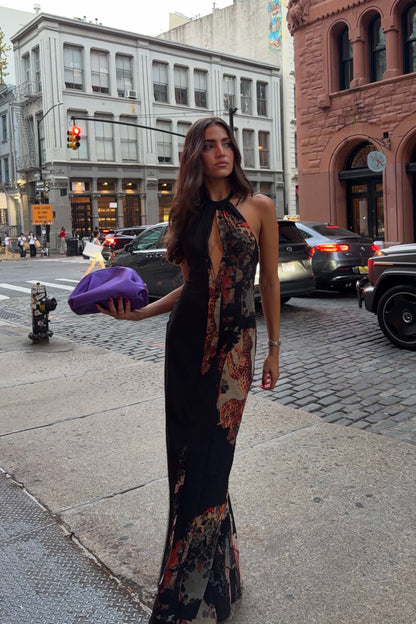 MUMA Bastet Aya Dress in Egyptian print, alternate front view, maxi dress hire Adelaide Australia