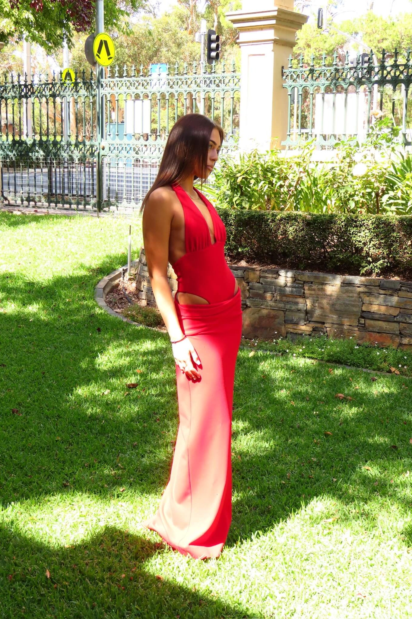 Natalie Rolt Becca Set in cherry red featuring a fitted bodysuit top with a flowing maxi skirt