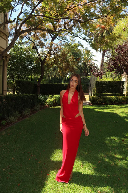 Close-up of the Natalie Rolt Becca Set in cherry red highlighting the bodysuit design and premium fabric details