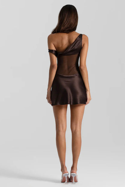 Back view of Natalie Rolt Elodie Mini Dress in espresso brown featuring fitted mini silhouette, smooth silk fabric finish and elegant asymmetrical drape detail