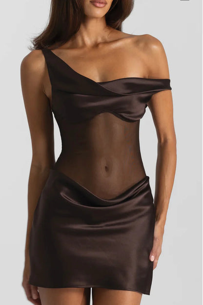 Brown espresso mini dress with soft silk draping, fitted bust support and elegant asymmetrical neckline creating a refined feminine silhouette