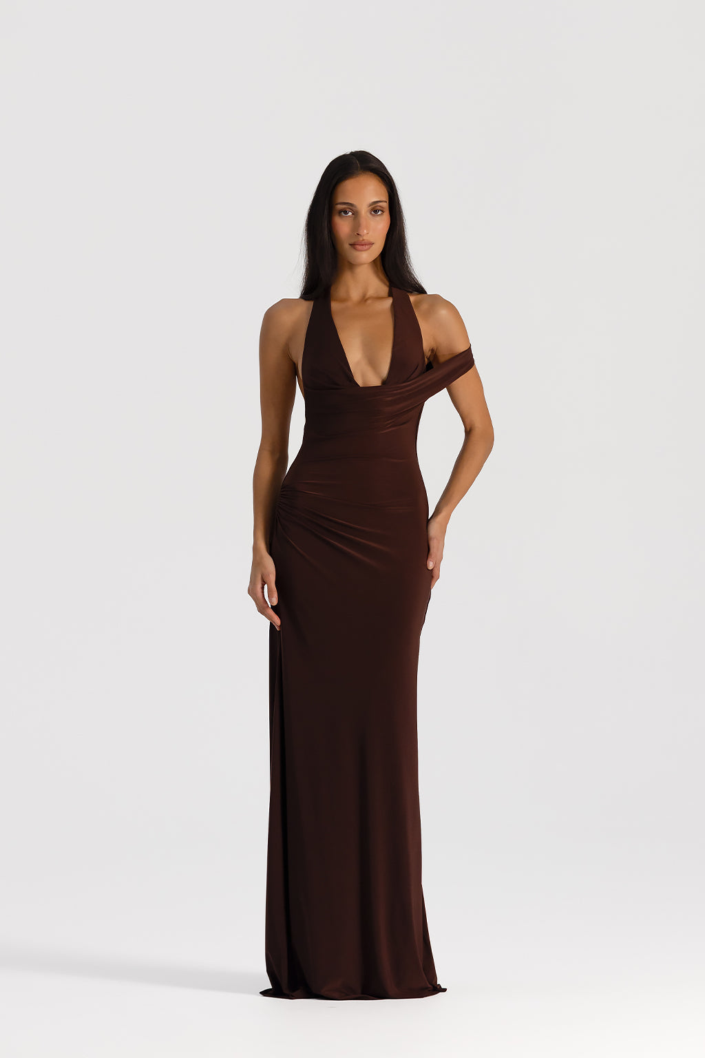 Hire Natalie Rolt Mariela Gown Espresso dress hire front view halter neckline asymmetrical draping