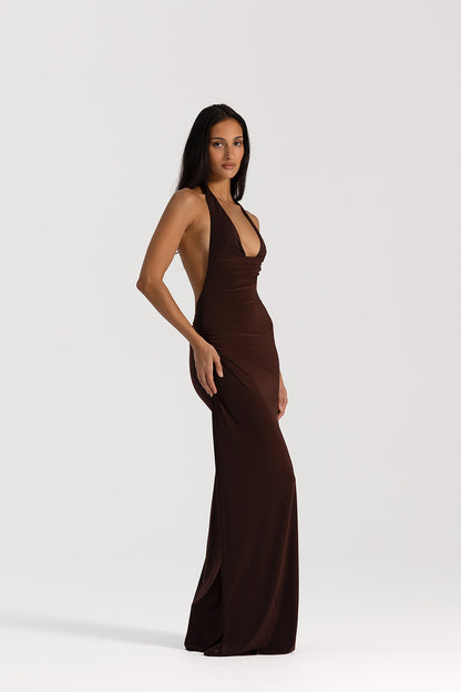 Hire Natalie Rolt Mariela Gown Espresso dress hire side view hip godet full length silhouette