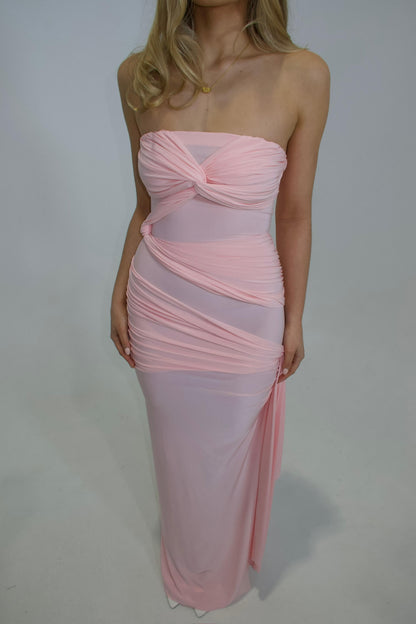Close-up of the Natalie Rolt Miranda Gown in blossom pink highlighting the bodice, neckline and premium fabric detail
