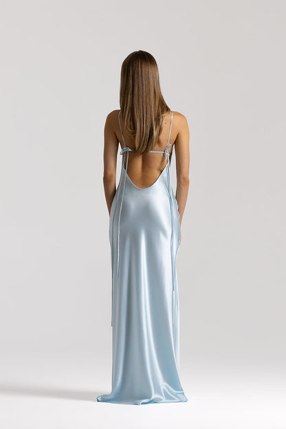 Natalie Rolt Talia Gown in Ice Blue, back view showing dipped open back and ruched detail, designer gown hire Adelaide Australia