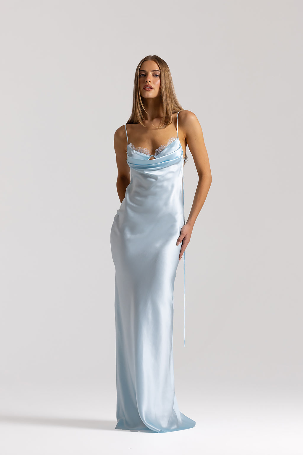 Natalie Rolt Talia Gown in Ice Blue, front view, designer silk gown hire Adelaide Australia
