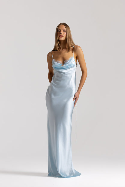 Natalie Rolt Talia Gown in Ice Blue, front view, designer silk gown hire Adelaide Australia