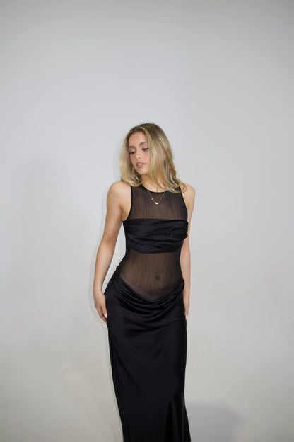 NBD Fiza Maxi Dress in black with strapless neckline and sculpted fitted silhouette