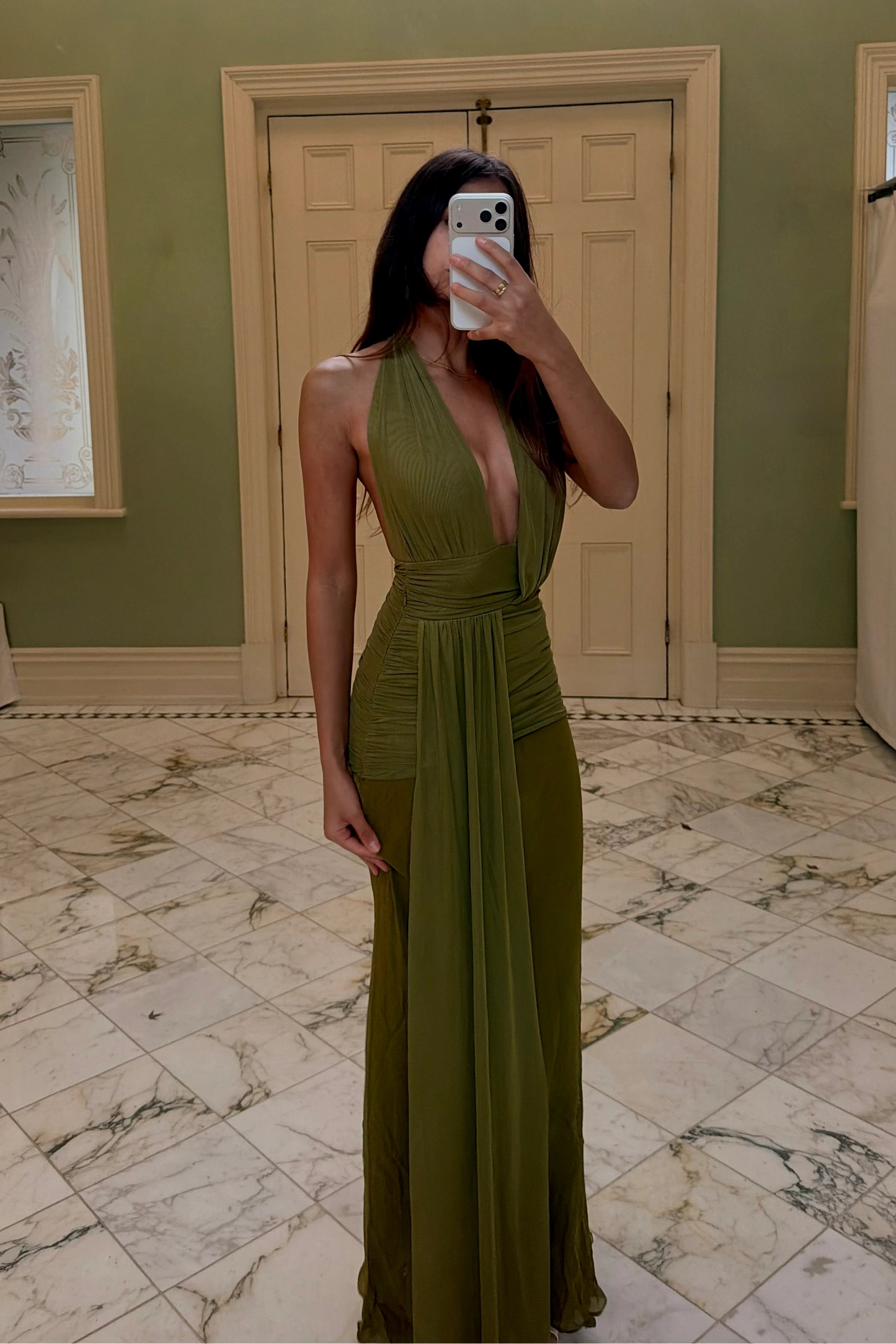 Bec + Bridge Cassis Drape Maxi Dress in olive green with halter neckline and elegant draped maxi skirt available for dress hire Adelaide and Australia front view