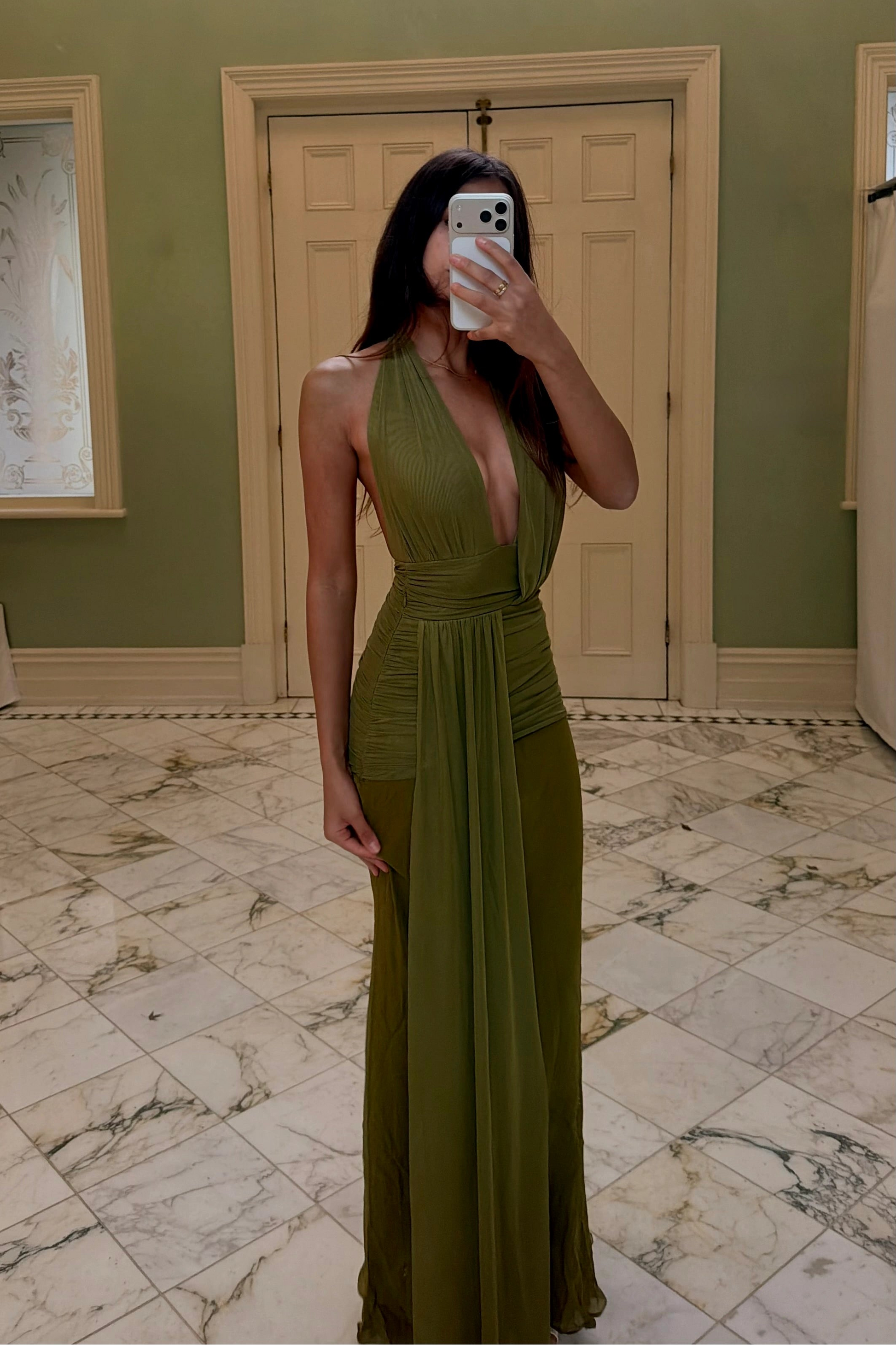 Bec + Bridge Cassis Drape Maxi Dress in olive green with halter neckline and elegant draped maxi skirt available for dress hire Adelaide and Australia front view