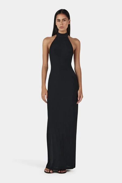 Ownley Turlington Maxi Dress in black featuring high neckline, fitted silhouette and open back cut-out design with elegant floor length finish