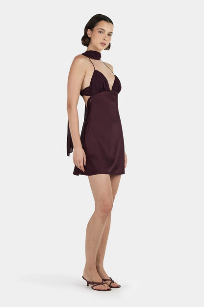 Ownly Alanah Two Way Mini Dress in plum brown featuring a flattering fitted silhouette and mini length design suitable for events and special occasions