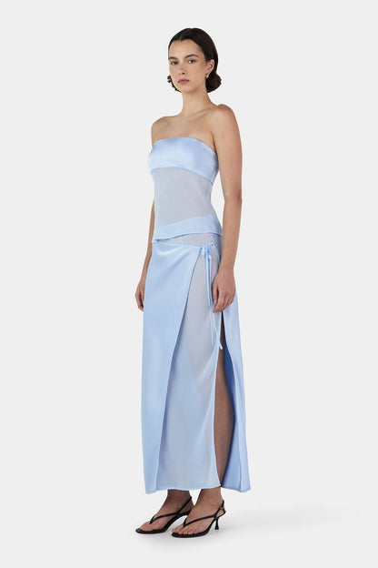 Ownly Ricky Skirt and Patrice Top Maxi Set in baby blue featuring strapless top and asymmetrical maxi skirt with elegant silhouette