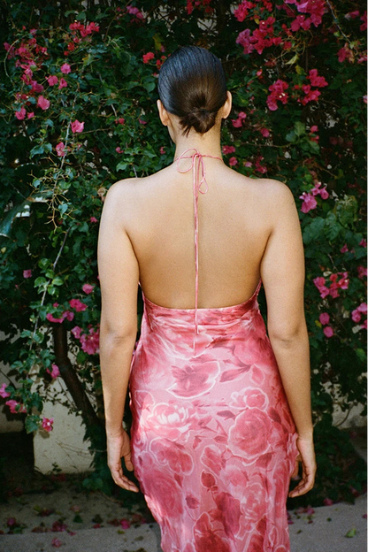 Réalisation Par The Electra in Crush print, back view showing low scooped back, dress hire Adelaide Australia