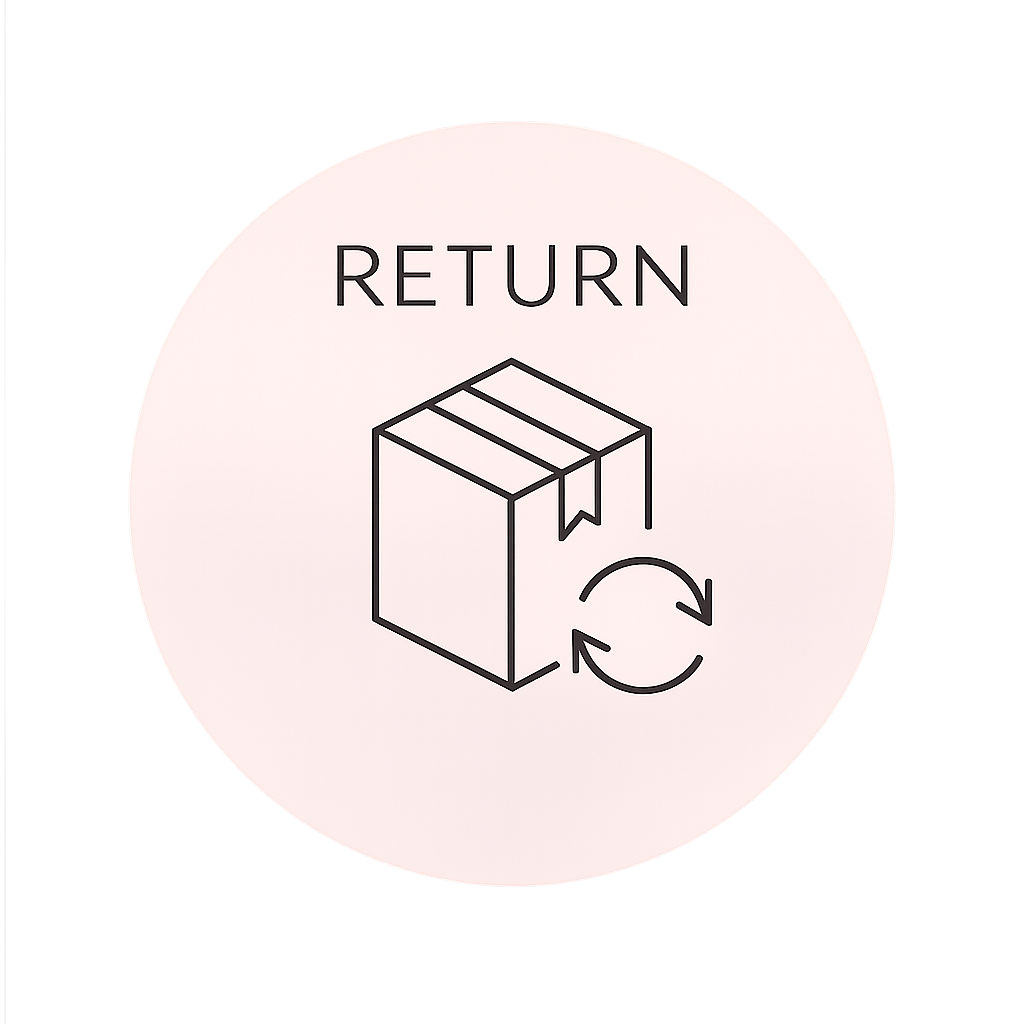 A minimalist graphic icon featuring a cardboard box with a circular recycling symbol next to it, under the word 'RETURN' in black text, all centered within a pale pink circle on a white background.
