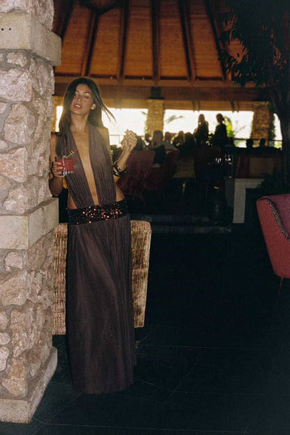 Close up of structured bodice on brown Alessandra maxi dress with supportive fitted design and smooth fabric finish