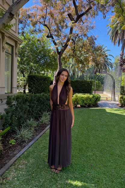 Saboa Studios Alessandra Maxi Dress in brown featuring an elegant full-length silhouette and sophisticated evening design